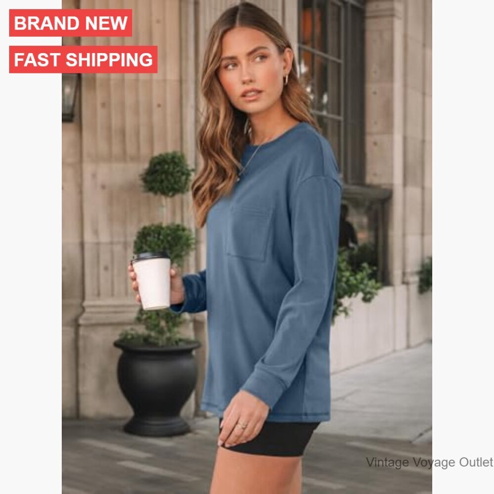 Oversized Long Sleeve Crewneck Sweatshirt, Polyester Spandex Blend, Fall Winter - Picture 3 of 5